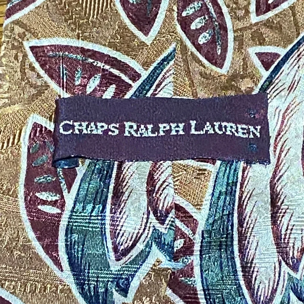 VTG Chaps Ralph Lauren Mens Silk Tie Tan Burgundy Teal Abstract‎ Botanical USA